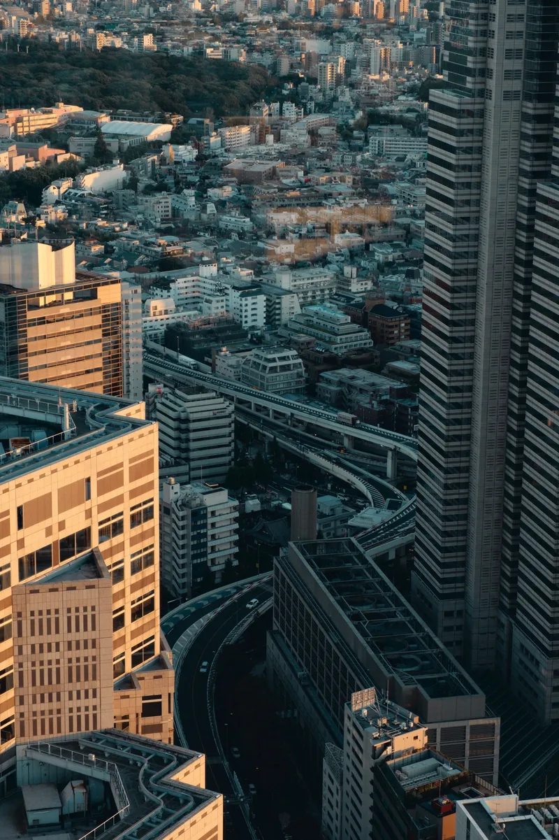 Dense urban landscape of highways weaving between towers at golden hour